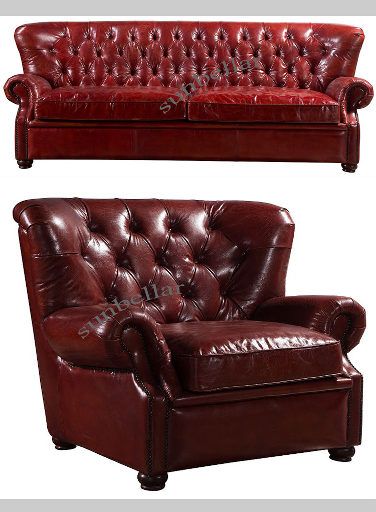 European vintage style leather sofa set high back genuine leather tufted chesterfield luxury high end living room sofas