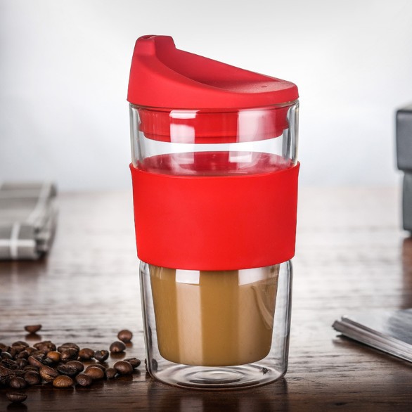 350ml Glass Travel Coffee Mug with Lid Double Wall Thermo Insulated Borosilicate Tumbler for Coffee