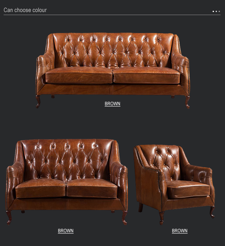American Retro vintage chesterfield sofa tufted buttons back genuine leather sofa set 123 for living room hotel clubs and office