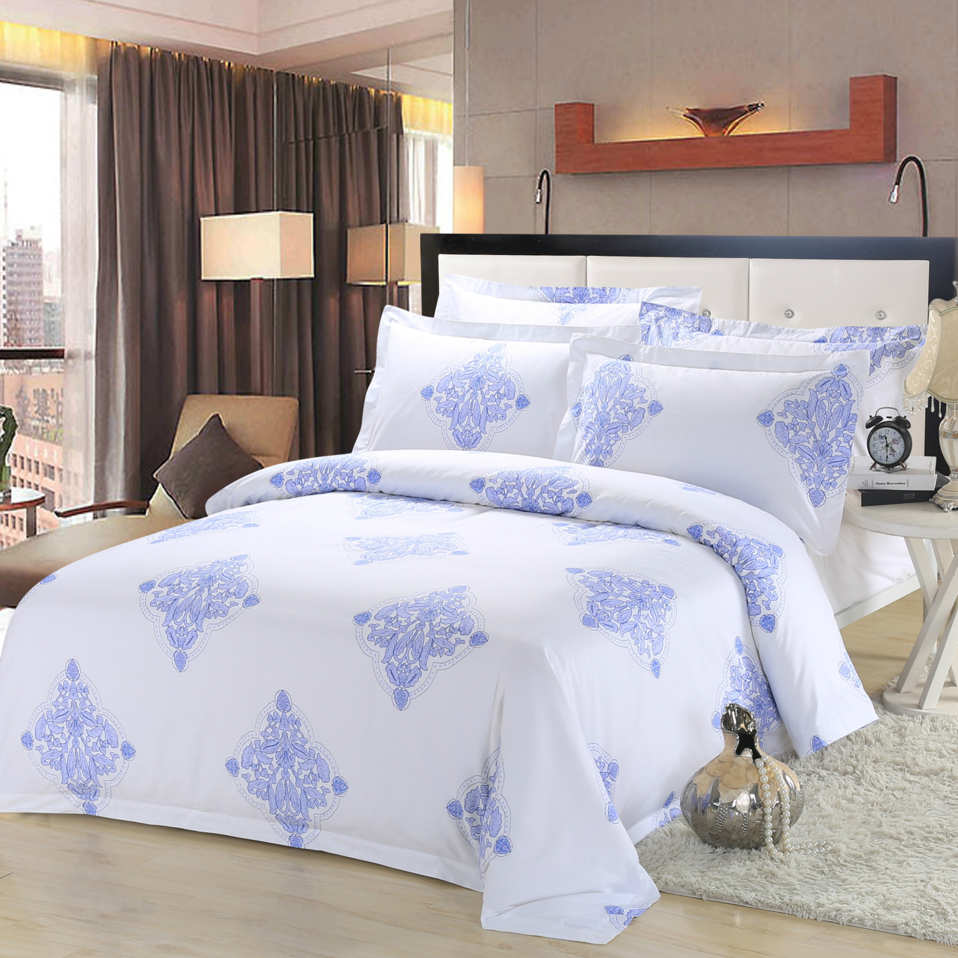 Luxury White linen 7 Piece Duvet Set, Silky Soft hotel Quality Long-Staple Sateen Cotton bedding set- Printed Percale Sheet Set