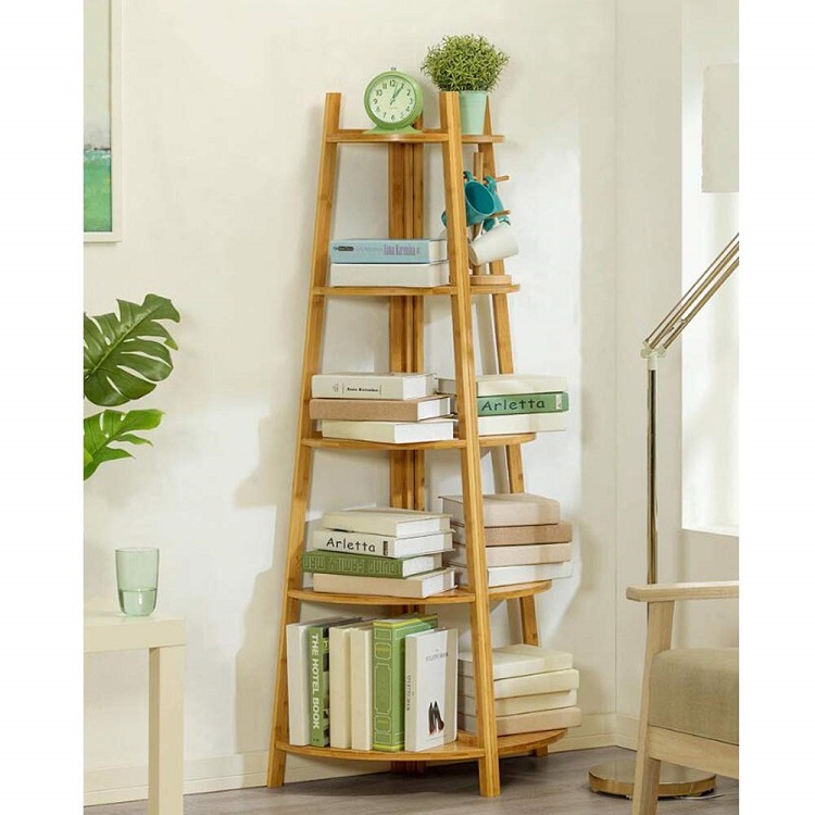Corner Storage Rack Multi-Layer Floor Stand Save Space Shelf Bookcase DIY, Multifunctional Bamboo Bookshelf