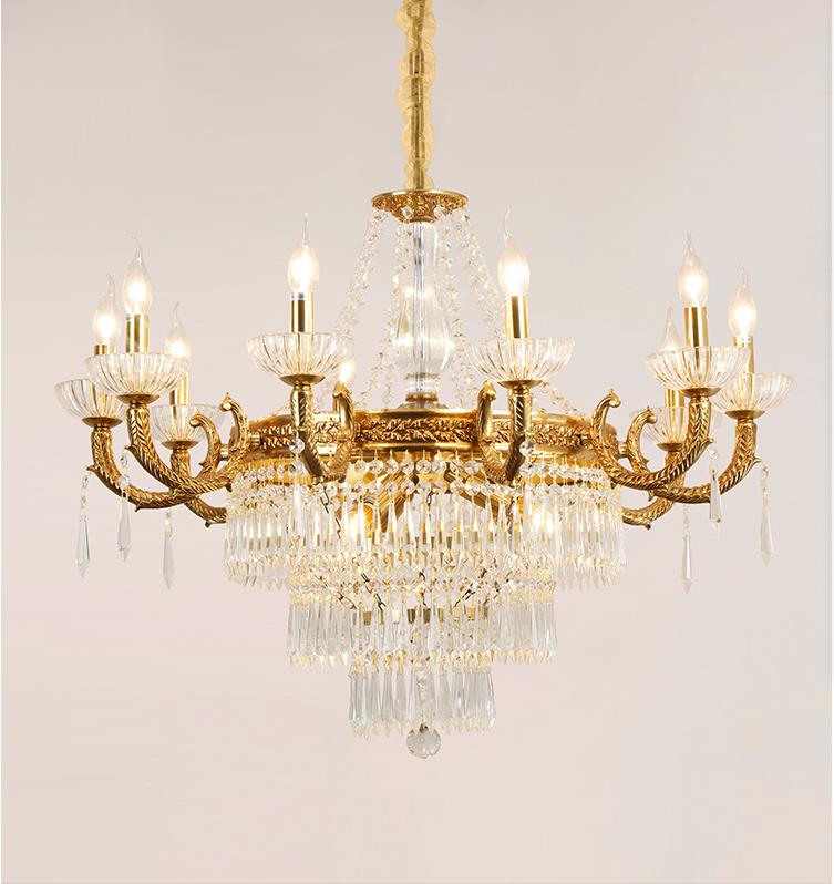 Pure copper french style gold chandelier pendant lighting with K9 crystal for villa decoration