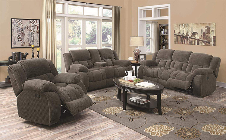 Modern Luxury brown Fabric Manual Recliner Sofa Set with Cup Holder and console with drink cup and USB charge