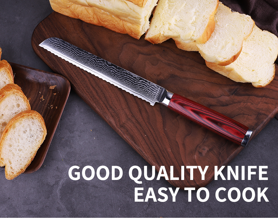 FINDKING Red color wood handle bread knife in 67 layers damascus steel bread knife
