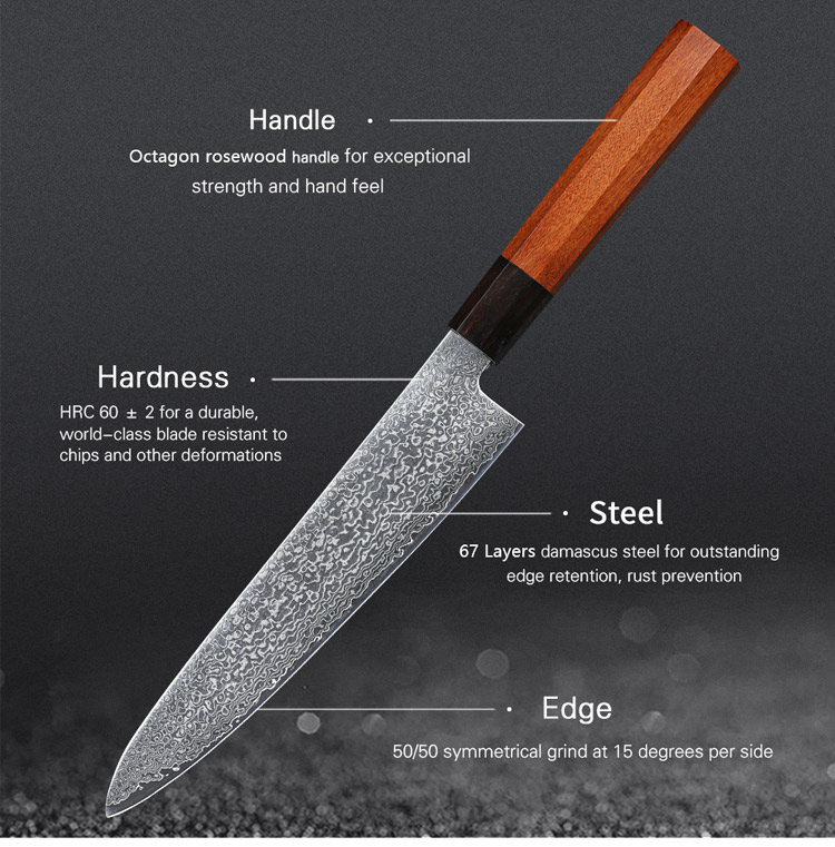 High Carbon Damascus Japanese Gyuto Knife with Rosewood Handle