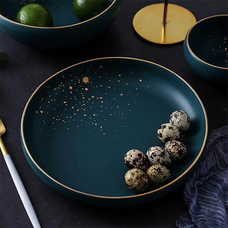 Matte glaze green white square round appetizer pasta plate restaurant wedding ceramics dinner plates with gold embellish