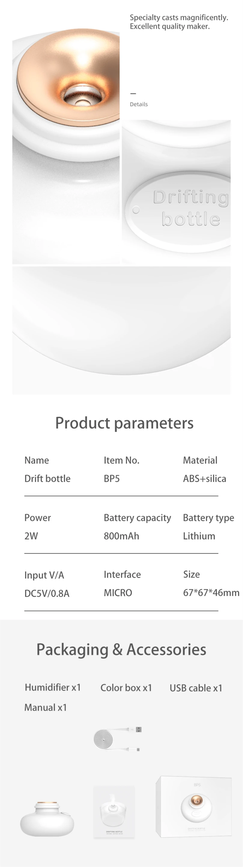 Mini Portable Draft Bottle Humidifier Rechargeable USB Air Ultrasonic Humidifier
