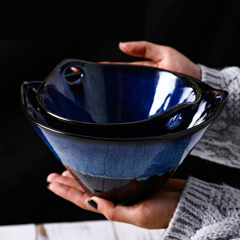 Japanese Blue Ramen Salad Noodles Retro Soup Deep Glazed Ceramic Bowl