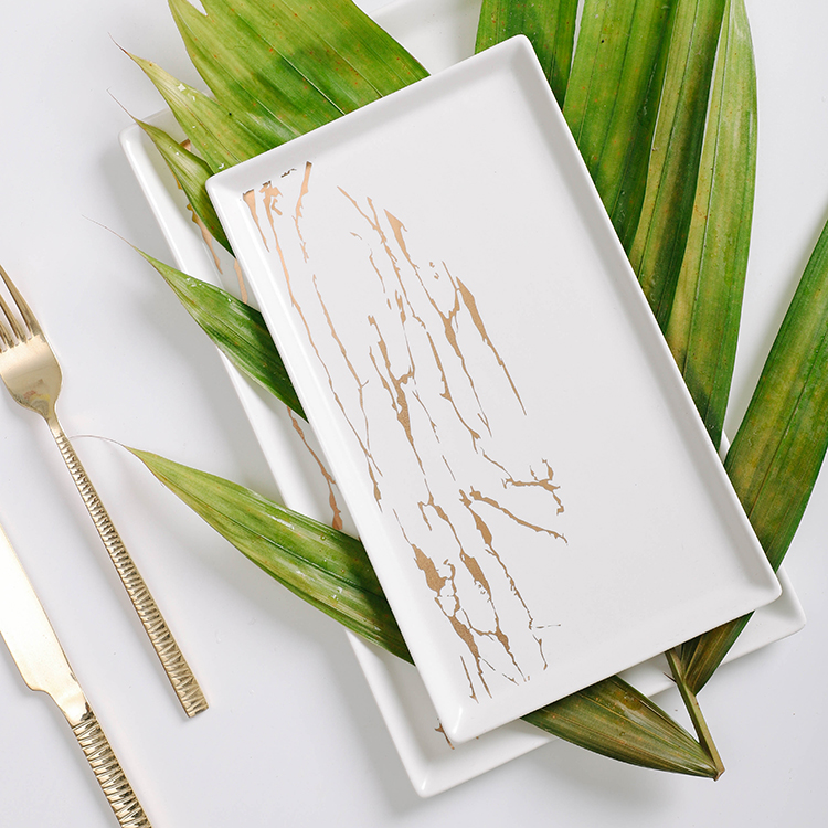 The latest design fancy rectangle gold marble porcelain serving plate for restaurant