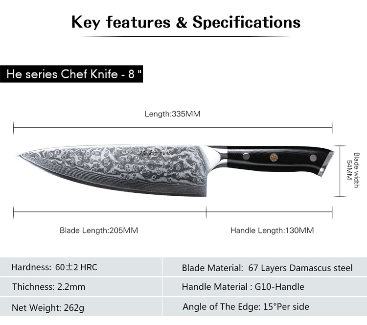 Factory Direct Sales Professional 8 Inch Damascus Chef Knife with G10 Handle