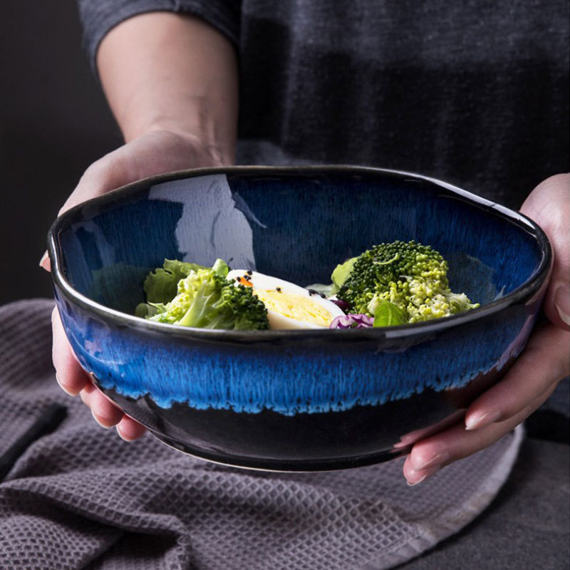 Nordic Style Tableware Round Glaze Blue Colored Ceramic Noodle Soup Bowl