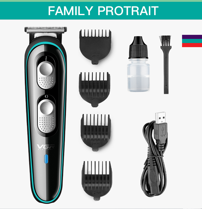 1x VGR V-055 Trimmer, 1x USB Cord, 1x Oil Bottle, 1x Cleaning Brush, 4x Cutting Guide Combs, 1x Travel Pouch, 1x Manual