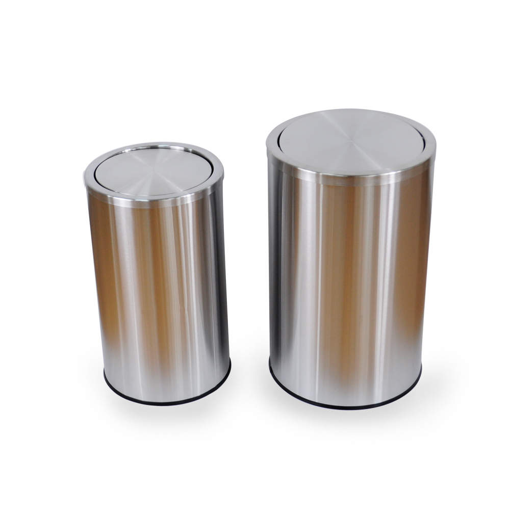 Round metal hotel swing lid trash bin stainless steel