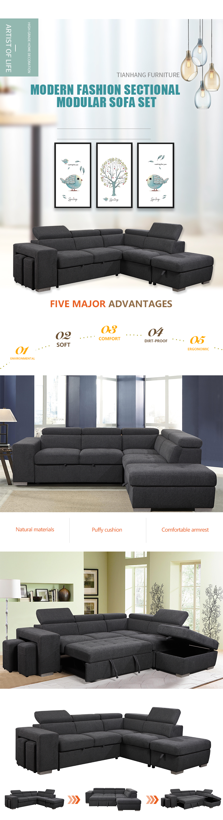Foldable furniture sofa design modern style living room sofa comfortable fabric sofa set for home