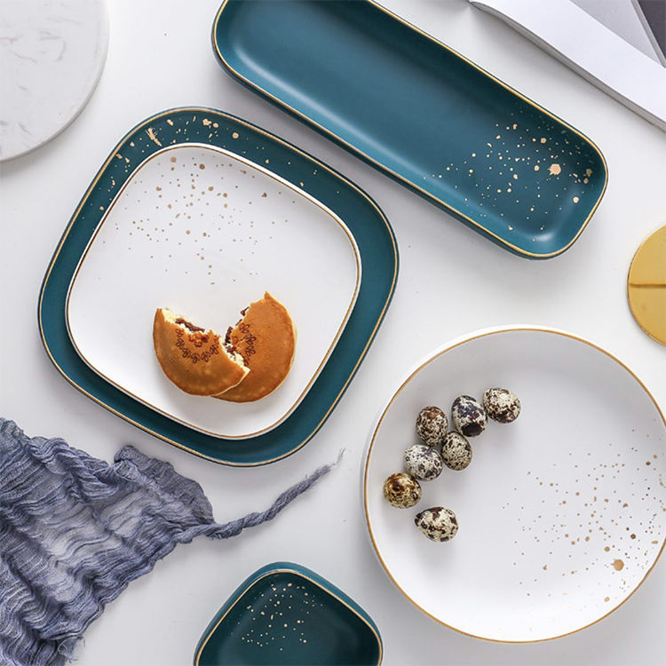 Matte glaze green white square round appetizer pasta plate restaurant wedding ceramics dinner plates with gold embellish