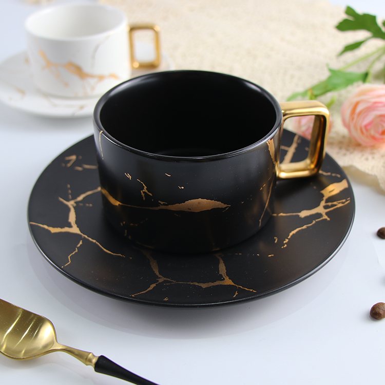 Marble european black marble tea water cup ceramic coffee cup set with saucer