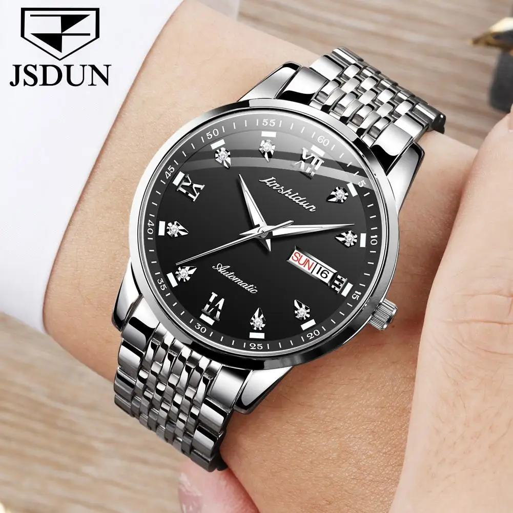 LuxuryJSDUN Brand Men Automatic Chronograph Mechanical WristWatch Water Resistant Diamond Stainless Steel Band Watch For Men