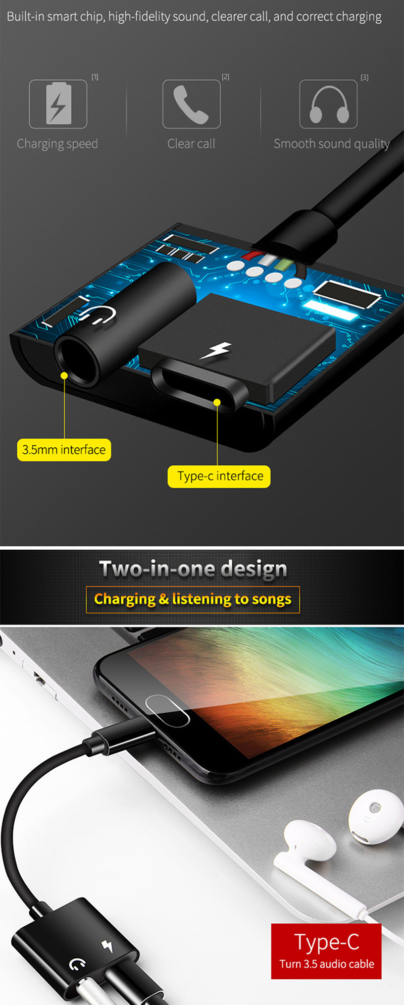 3.5mm AUX Audio Cable 2 in 1 USB Type C Charge Audio Adapter für Leeco Le Max 2/Pro Headphone Car USB-C Charger Cable für Xiaomi
