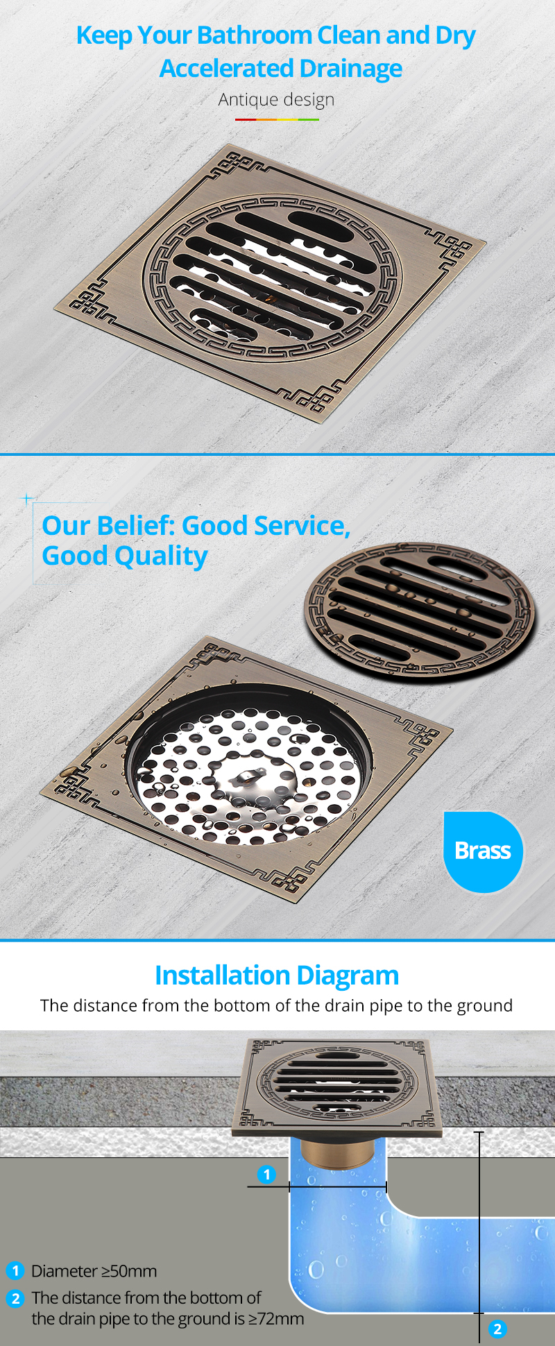 100 X 100 mm Shower Tray Concealed Square Retro Classic Brass Ideal Anti Odor Roof Gold Shower Toilet Floor Drain Aluminum Cover