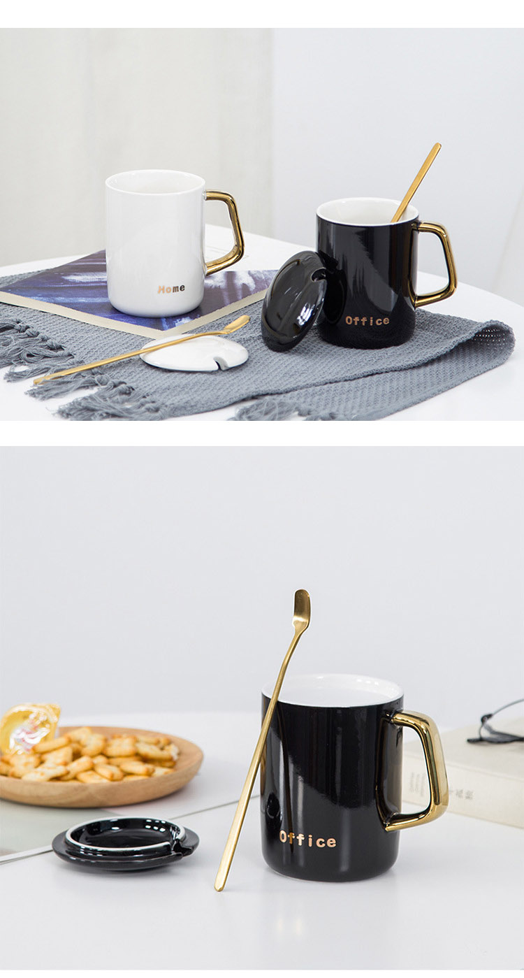 White Black Ceramic Coffee Mug With Golden Handle And Lid 14 oz For Home Office Tea Cup