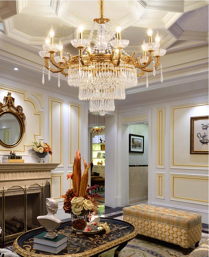 Pure copper french style gold chandelier pendant lighting with K9 crystal for villa decoration