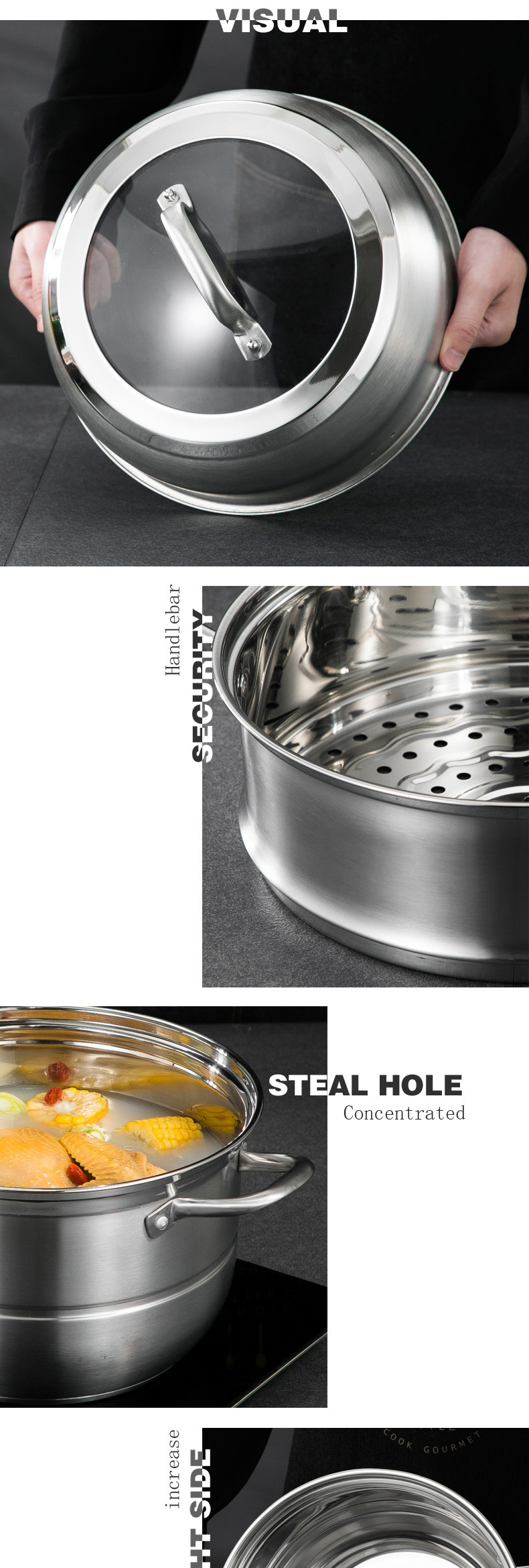 Multi cooker stainless steel pyrex glass steamer pot food steamer induction