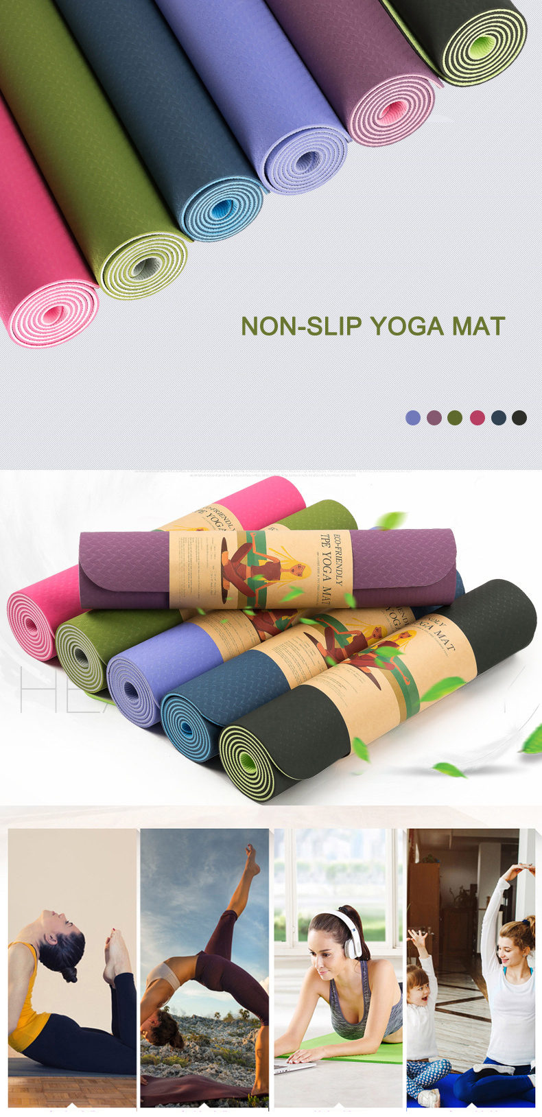 Pencetakan Disesuaikan Tpe Yoga Mat Warna Tunggal 6mm Untuk Kebugaran 0