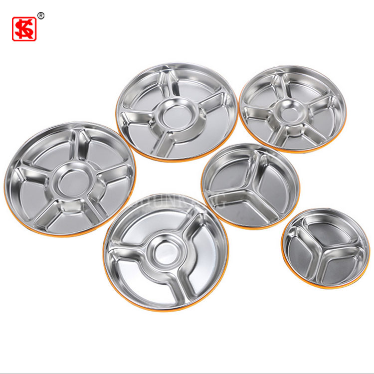 Stainless steel fast food tray dinner divided plate compartments Leak-proof Lunch box dish with PP Lid