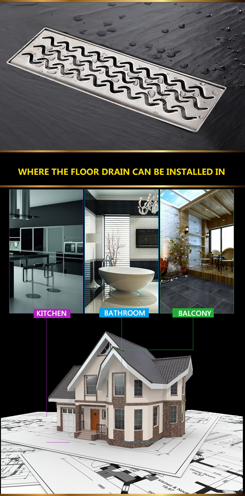 304 stainless steel brushed linear drain with removable cover protector hair catcher long shower drain
