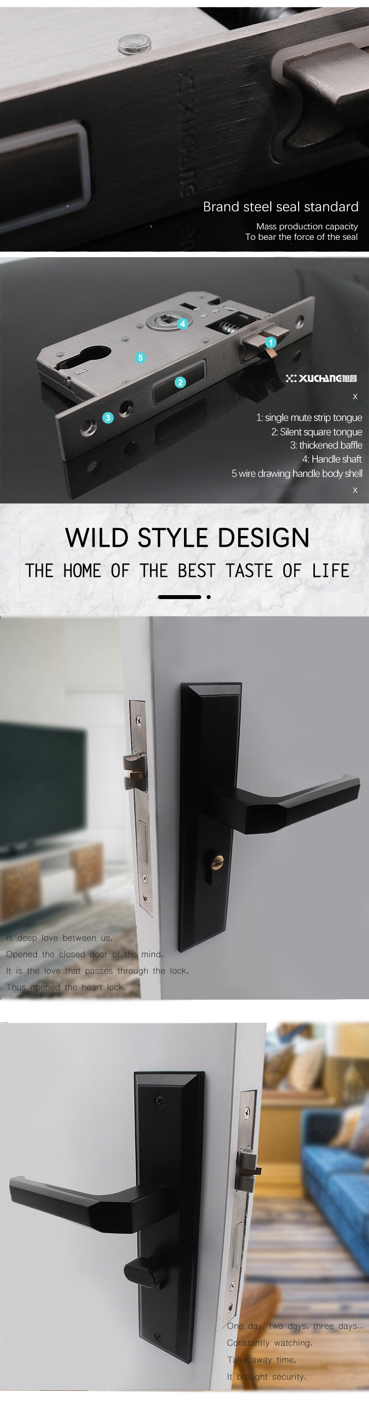 Black Zinc Alloy American Style Door Handle With Plate Zinc Lock Handle With Privacy Latch