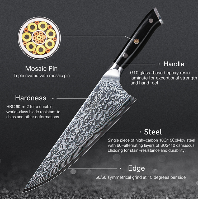 Professional  9" Damascus Kitchen Chef Knife with G10 Handle