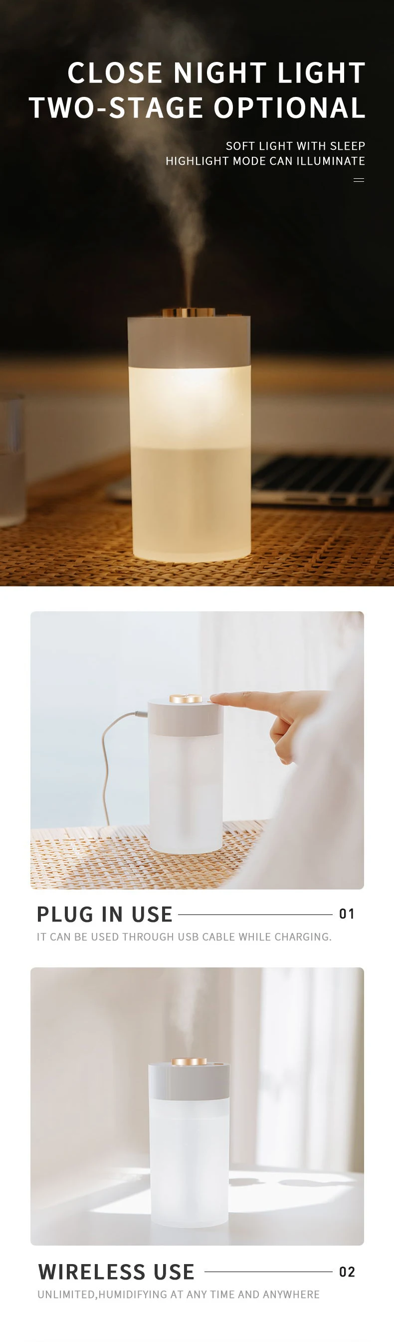 Portable Rechargeable Wireless Tabletop LED USB Home Power Ultrasonic Humidifier Car Mini Humidifier