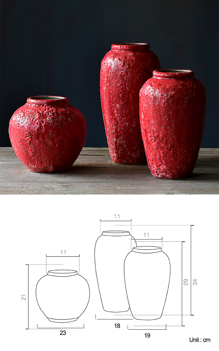 Bixuan Vases Red Retro Distressed Ceramic Jar Vase Unique Bubbles Decor Art Porcelain Vases Table Centerpieces Set of 3