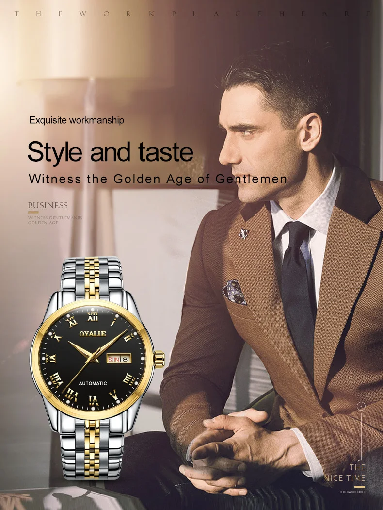 Men Watch Alloy Material Water Resistant Feature Automatic Mechanical WristWatch Fashion Steel Strap Moon Phase Hand Clock