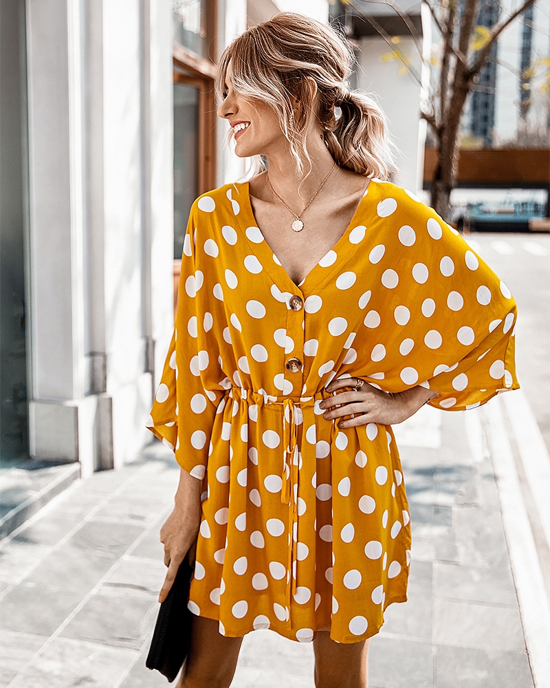 Fashion Hight Quality Women V-Neck Dot Pattern Printed Short Sleeve Holiday Casual Dress