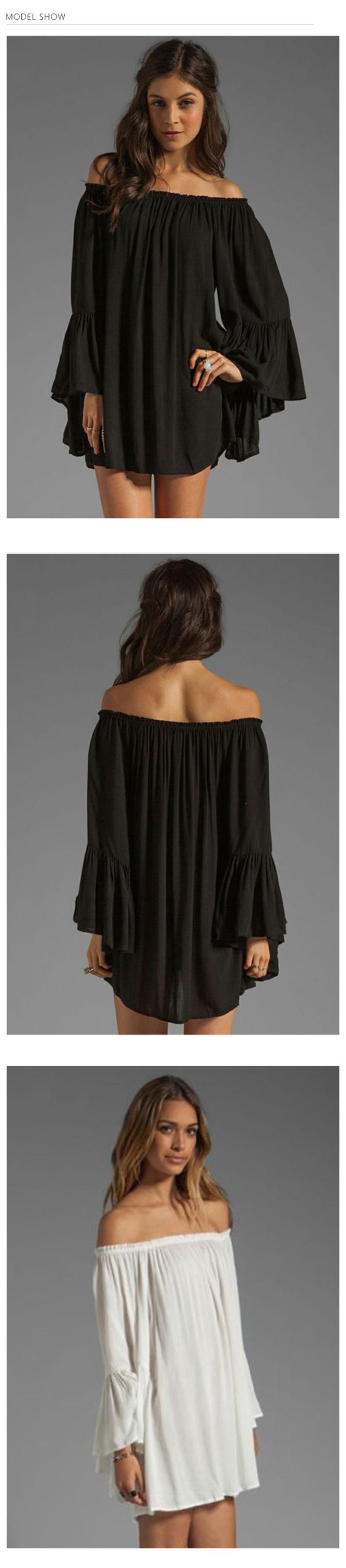 Spot new word shoulder loose chiffon sexy long sleeve dress Women