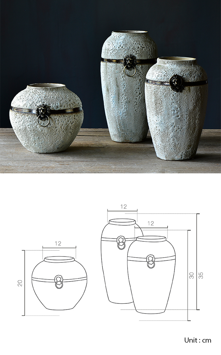 Bixuan Vases White Retro Distressed Ceramic Jar Vase Unique Brass Ring Decor Art Porcelain Vases Table Centerpieces Set of 3