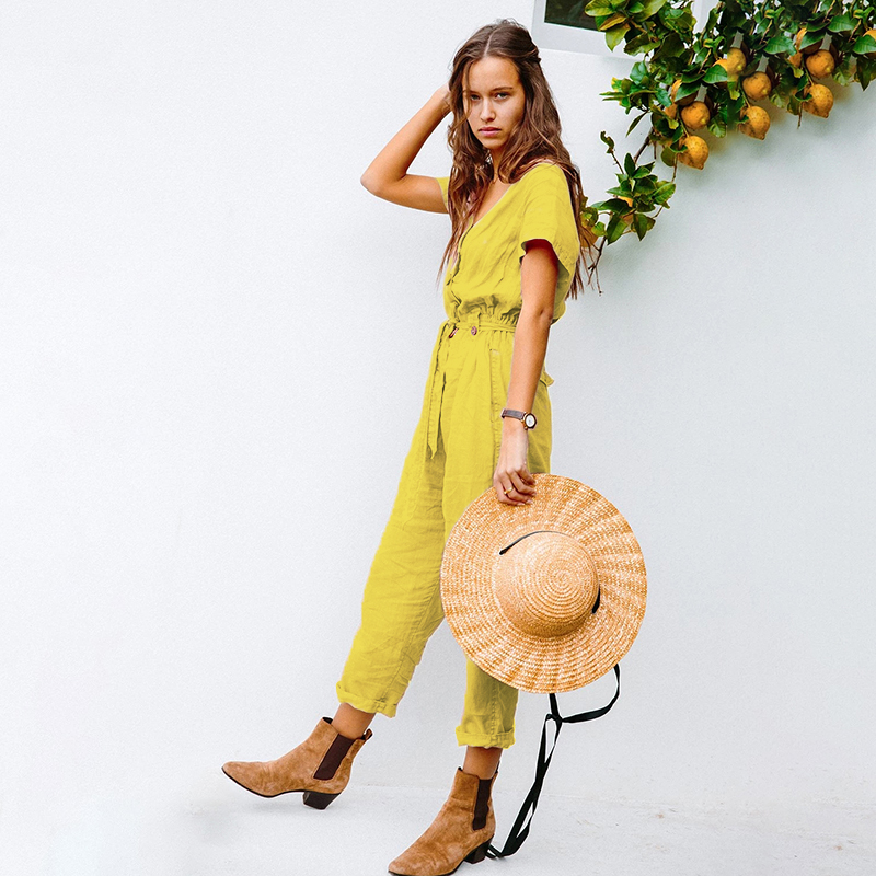 Fashion summer New Design Jumpsuit V Neck short sleeve Womens One Piece Jumpsuits Rompers
