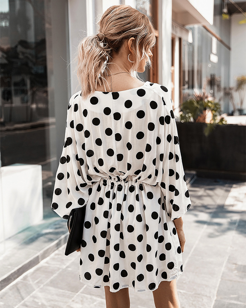 Fashion Hight Quality Women V-Neck Dot Pattern Printed Short Sleeve Holiday Casual Dress