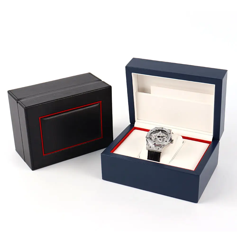 Высококачественная синяя коробка для часов из искусственной кожи под заказ с одним дизайном, кожаная коробка для часов с верхней отделкой, коробка раскладушка, упаковка для часов, подарочная коробка