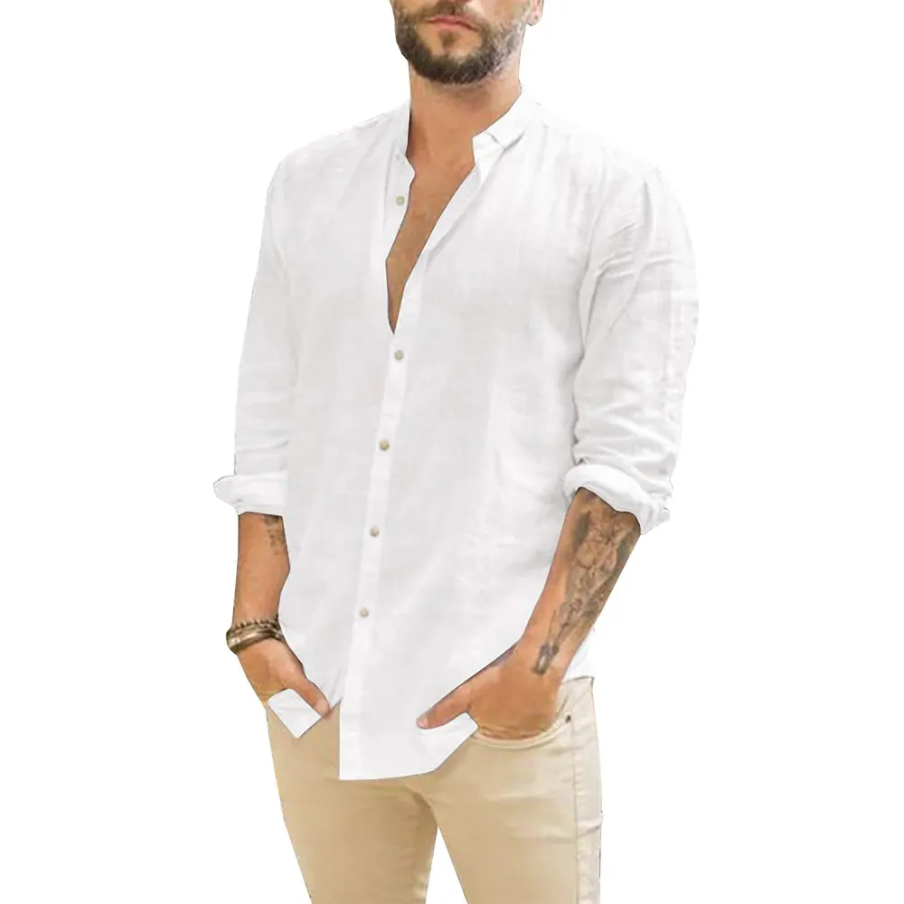 Рубашка мужская с длинным рукавом, Повседневная блуза из хлопка и льна, винтажный кардиган, белый цвет, весна-лето