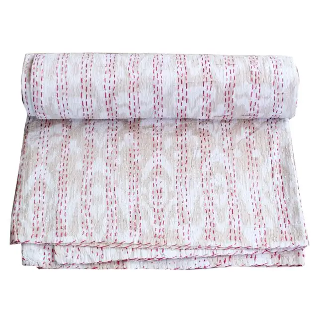 Оптовая продажа, индийское винтажное одеяло ручной работы Kantha, покрывало с белым принтом kantha, богемное покрывало в стиле хиппи