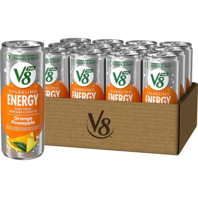 V8 + сверкающий энергетический апельсиновый Ананасовый энергетический напиток, приготовленный из настоящих овощных и фруктовых соков, 11,5 унц. Банку (в упаковке 12 штук)