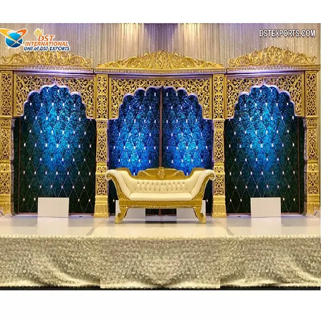 Bollywood Style Open Concept Wedding Stage Amazing Wedding Reception Night Open Stage Best Golden Theme Wedding Event Stage