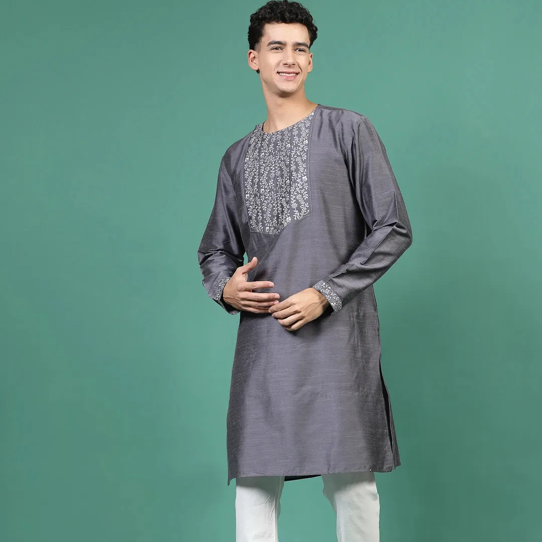 Индийские традиционные мужские серые наборы курты с вышивкой, традиционная индийская одежда, лучшая для фестивалей и вечеринок, OEM