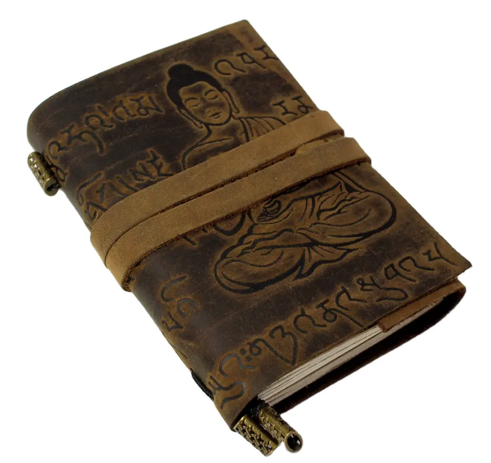 Новый дизайн, рельефный сценарий Будды на переднем кармане со скрытой петлей для ручки и бумажными вставками, кожаный журнал