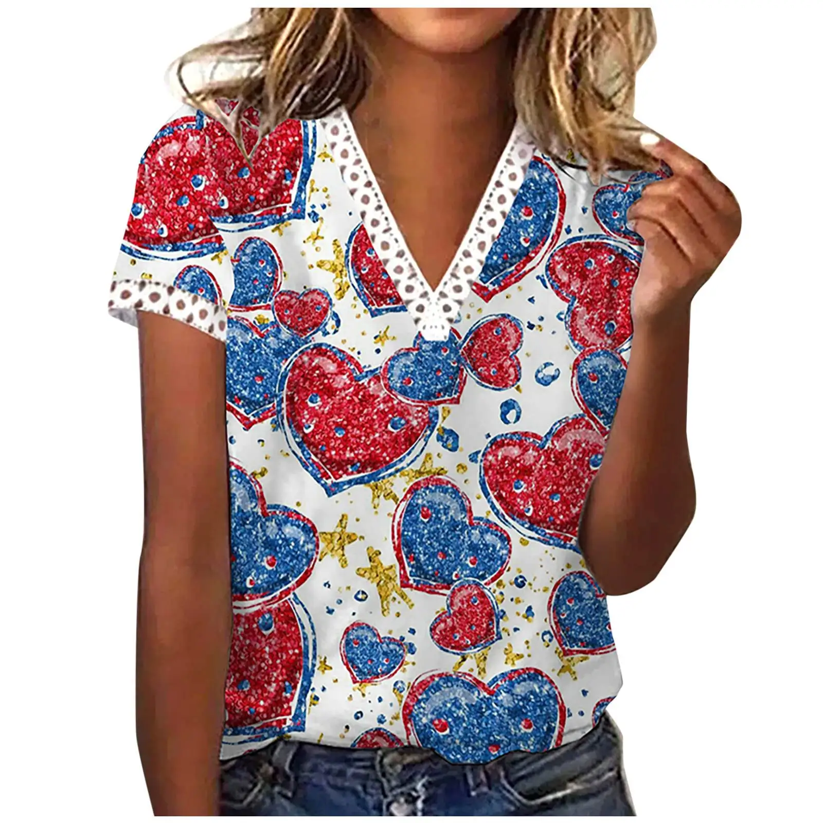 Женские футболки с принтом для Дня независимости США, красно-белые и синие футболки с принтом, блузки с коротким рукавом и V-образным вырезом