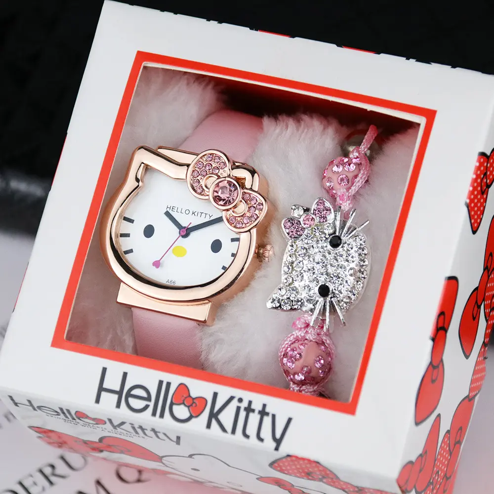 new children watches stainless steel strap watch KT cat box pink bracelet set kids birthday gift student hello kitty watch