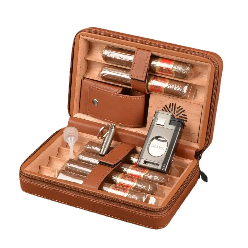 Cigar Travel Humidor Cedar Wood Leather Cigar Case with Cigar Accessories Gift Set