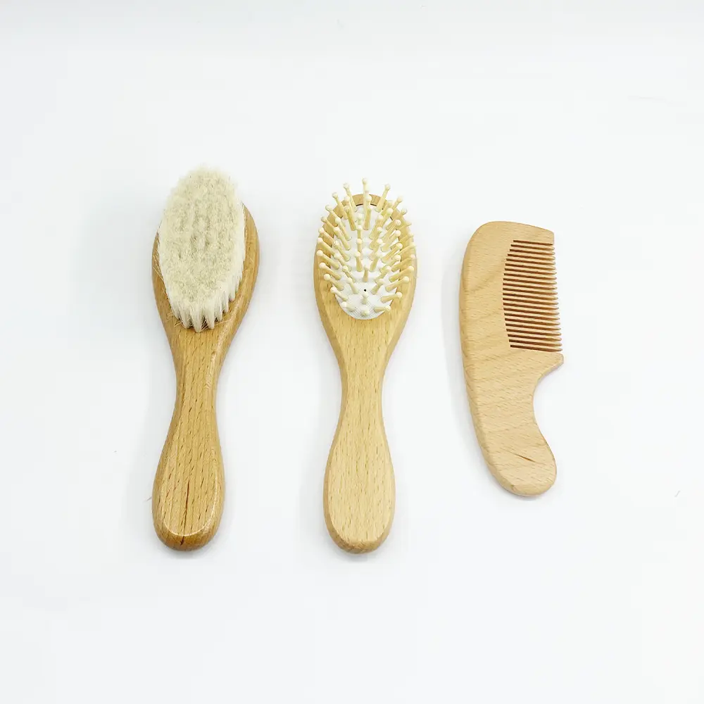 New Style Wholesale Natural Beech Wooden Paddle Goat Hair Baby Brush And Comb Set